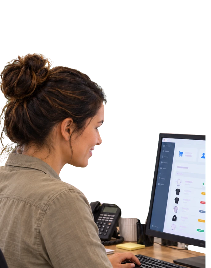A print shop owner working through her day in PrintOps, the system carrying her own shop’s colour.