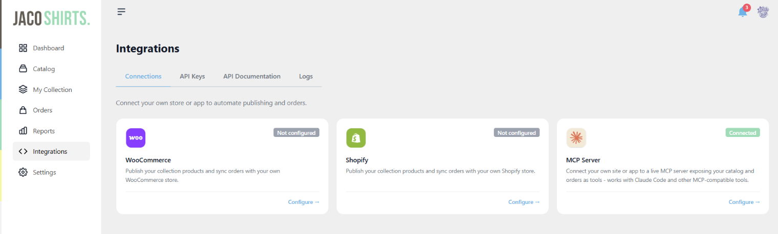 Their store, connected to your production. WooCommerce, Shopify or a custom integration through the API: the partner connects their own store, and every order flows straight into your production system.
